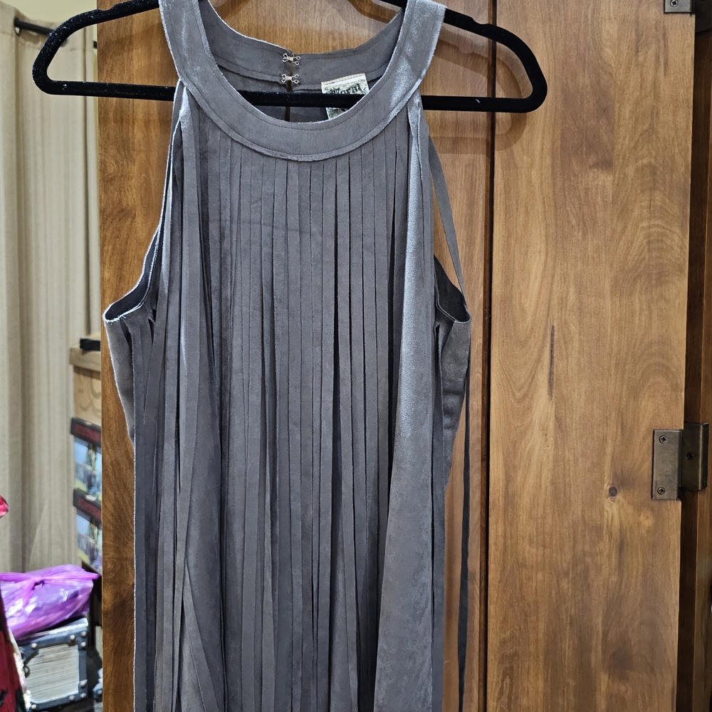Vocal Charcoal Fringed Sleeveless Blouse